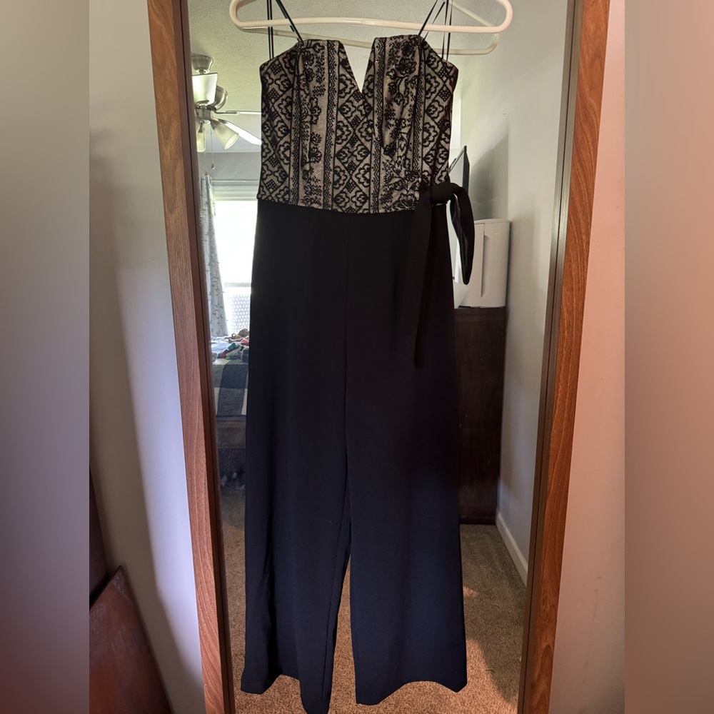 Miami Black and Tan Strapless Jumpsuit with Wide-Leg Pants